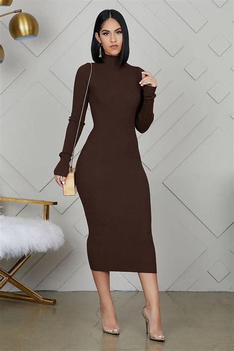 Ribbed High Neck Midi Dress (Dark Brown) Brown Dresses Outfit, Brown ...