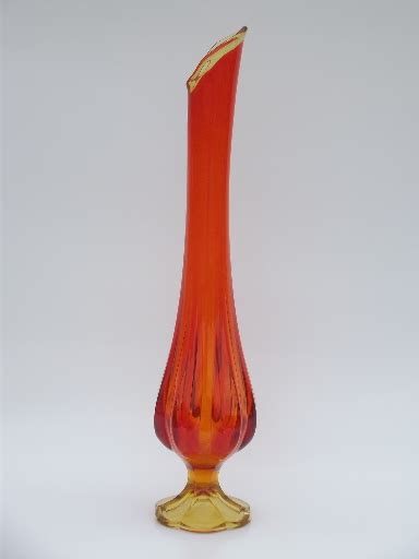 Tall mod amberina orange swung glass vase, 60s vintage Blenko style