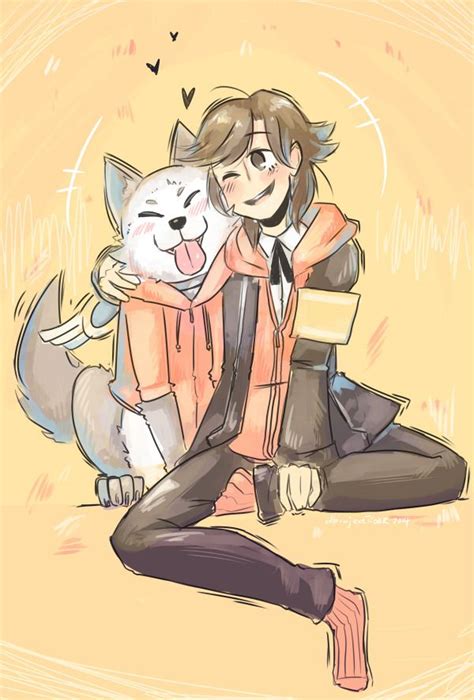 [Image: fanart of Koromaru and Ken Amada from Persona 4 Arena. Ken is grinning as he sits next ...