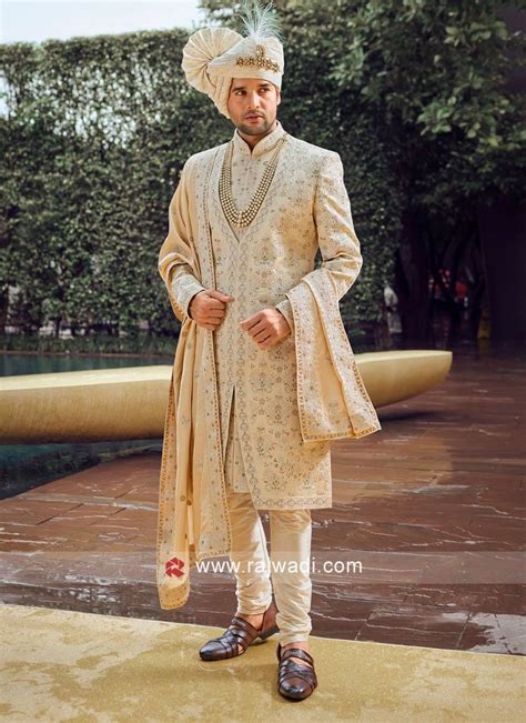 Groom Wear Lucknowi Work Sherwani In Golden Cream... | Indian groom wear, Sherwani for men ...