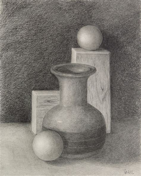 Graphite pencil drawing in realism style still life with shapes. # ...