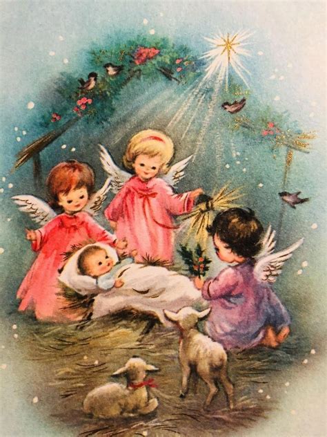 Vintage 60s tarjeta de Navidad ~ Ángel Niños Adore Niño Jesús ~ pájaros ~ ovejas ~ Star ...