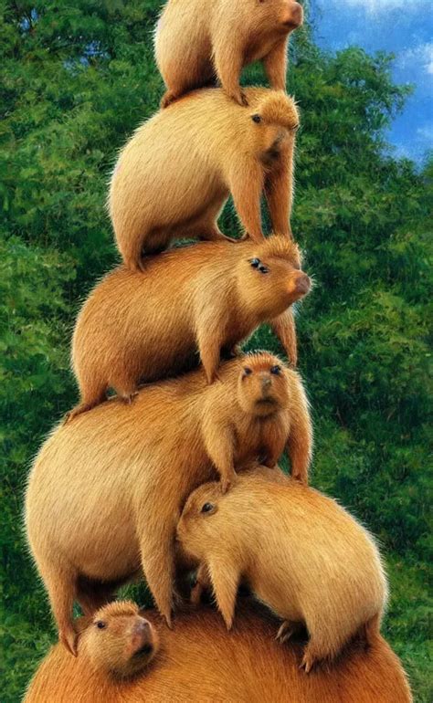 A precarious tower of capybaras, standing on top of | Stable Diffusion