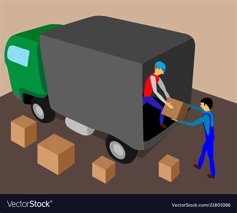 Two workers load the truck with cargo Royalty Free Vector