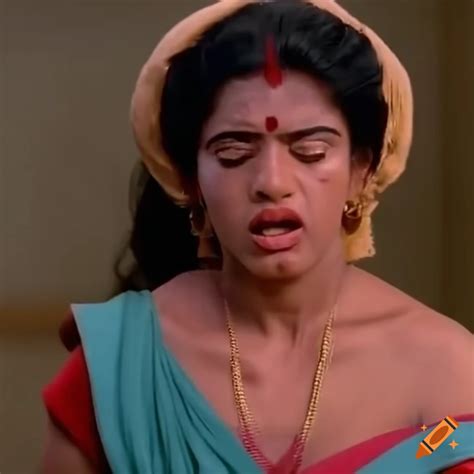 South indian woman fighter with bruised face in 80s movie scene on Craiyon