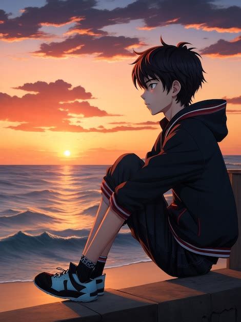 Premium AI Image | Artistic image of Boy anime on the beach watching sunset