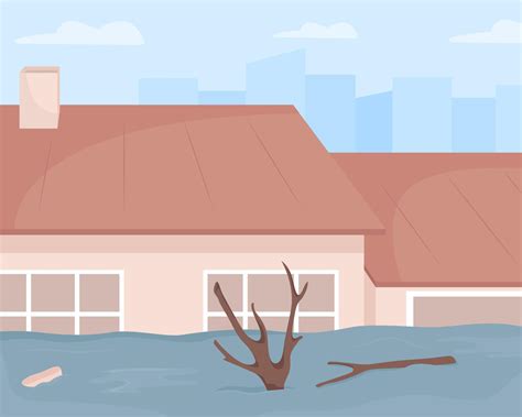 Urban flood disaster flat color vector illustration. Damage to ...