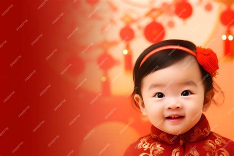 Premium Photo | Cute asian baby in national dress smiling and laughing on red background Chinese ...