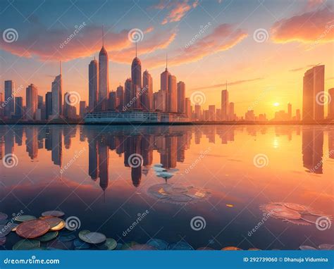 Crystal-clear Lake Reflecting a Vibrant Sunset, with Currency Coins ...