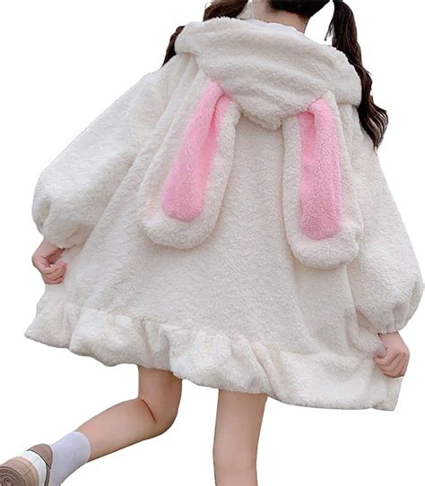 Girls Women Kawaii Bunny Ear Hoodie Long Sleeve Fuzzy Fluffy Rabbit ...