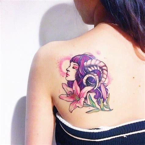 Zodiac Aries Fantasy Woman Color Upper Back Tattoo | Tattoos for women ...