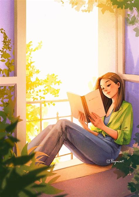 a painting of a girl sitting on a window sill reading a book while ...