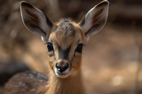 Premium AI Image | A baby deer with black eyes and a black nose looks into the camera.