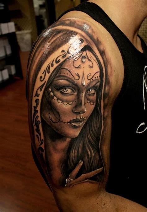 Mexican skull girls tattoo on half sleeve - Tattooimages.biz