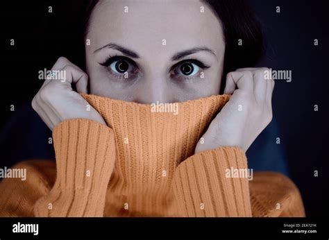 Close up portrait of a scared woman Stock Photo - Alamy