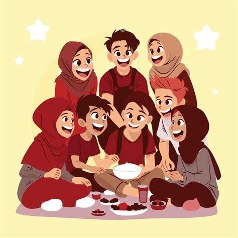 Premium Vector | A group of muslim people sitting on the ground for having iftar meal together