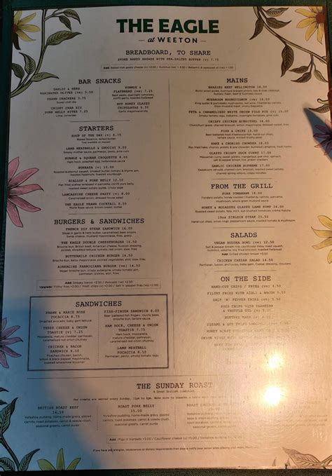 Menu at The Eagle at Weeton pub & bar, Wrea Green