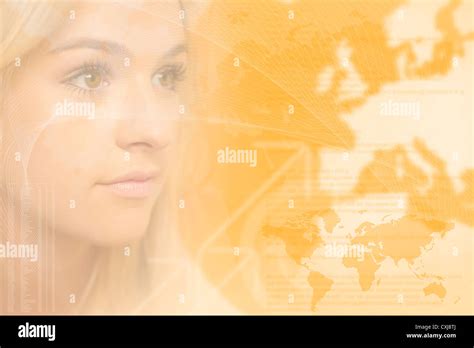 Young woman with world map and communication symbols Stock Photo - Alamy