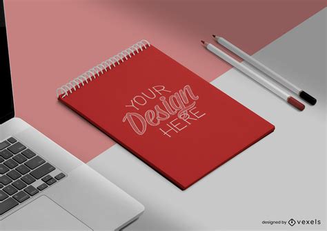 Notebook On Desk With Pencils And Laptop Mockup PSD Editable Template