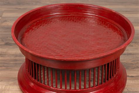 Contemporary Thai Red Lacquered Rattan Drum Coffee Table with Spindle Motifs at 1stDibs