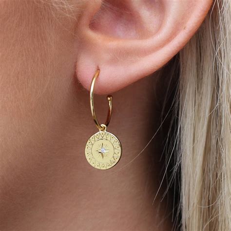 18ct Gold Plated Compass Charm Hoop Earrings | Hurleyburley