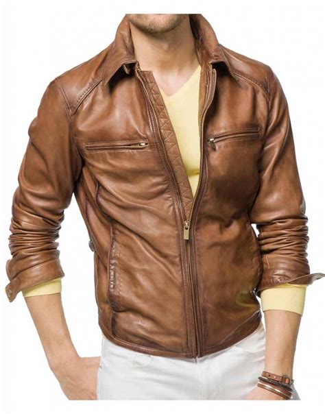 Designer Mens Tan Brown Leather Biker Jacket - UJackets