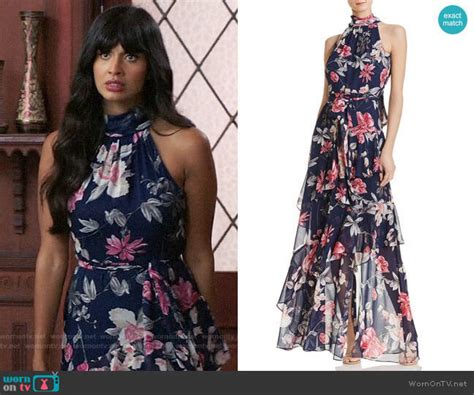 WornOnTV: Tahani’s navy floral maxi dress on The Good Place | Jameela ...