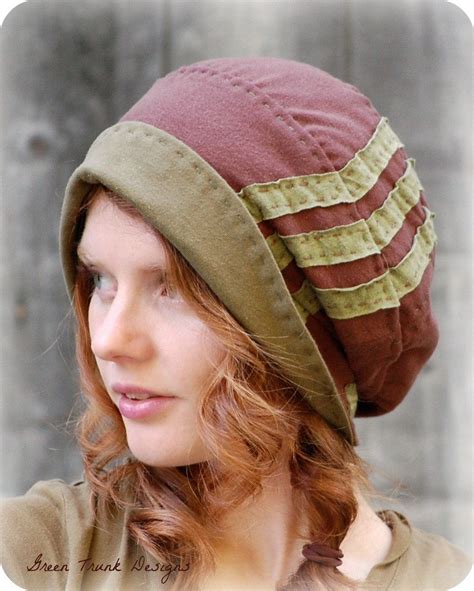 Brimmed Slouch Beanie Hat Brown with Green Stripes Recycled T shirt Hat | Beanie hats, Hats ...