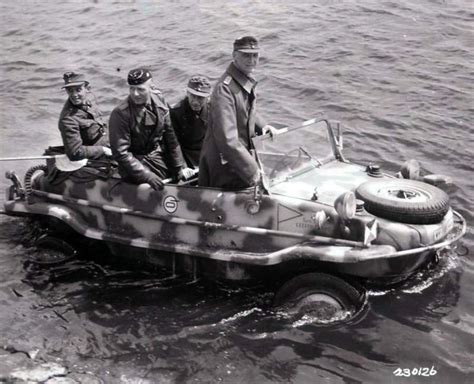 Detail of the Schwimmwagen Typ 128. Gen. Max von Edelsheim standing in ...