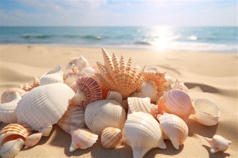 Premium AI Image | A collection of ocean shells on a sandy beach tabl ...