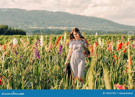 Gorgeous Young Woman Picking Flowers In A Field Stock Image - Image of ...