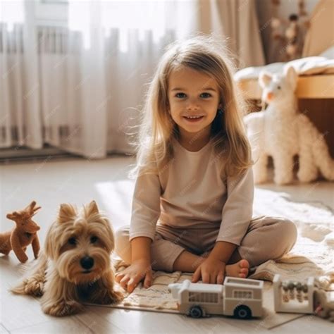 Premium Photo | A little girl playing with a toy truck and a toy truck.