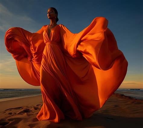 Premium AI Image | A woman is wearing a huge orange jumpsuit on the beach in the style of ...