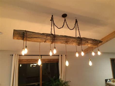 DIY chandelier - hand hewn reclaimed barn beam with dimmable LED Edison bulbs Edison Light ...