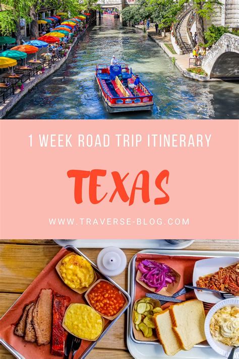 a boat traveling down a river with the words, 1 week road trip itinerary texas