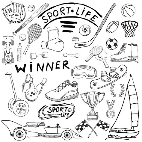 Sport life sketch doodles elements. Hand drawn set with baseball bat ...