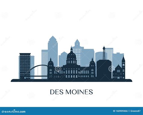 Des Moines Skyline, Monochrome Silhouette. Stock Vector - Illustration ...