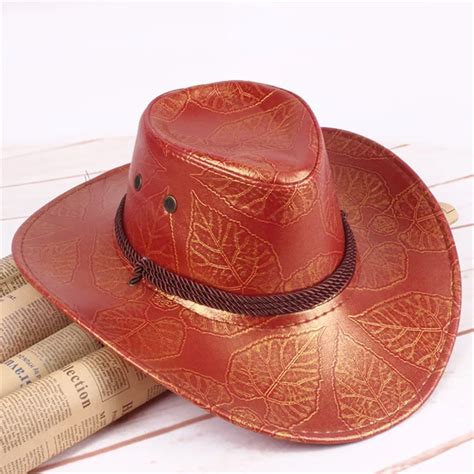 Large Brim Leather Cowboy Hat Flat Top Mens Leaves Printed Felt Wide Brim Bucket Hats Man For ...