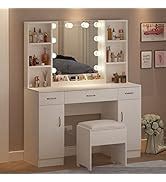 Amazon.com: Makeup Vanity Desk with Mirror and Lights, Cute Vanity Makeup Table, Small Vanity ...