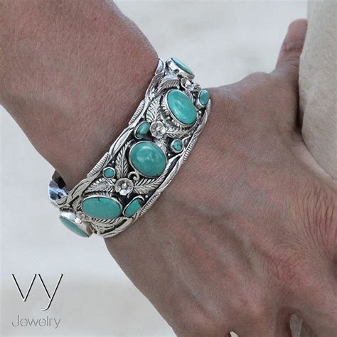 Turquoise Silver Cuff Bracelet - 925 Sterling Genuine Stones - VY Jewelry