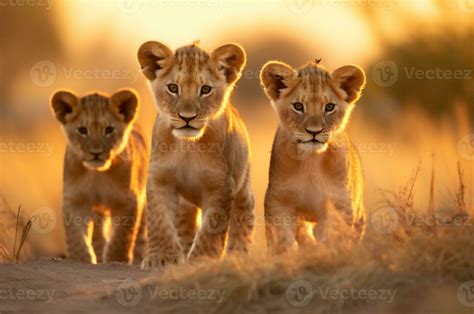 Lion cubs in the African savannah during the golden hour of the day. AI generated 27827799 Stock ...