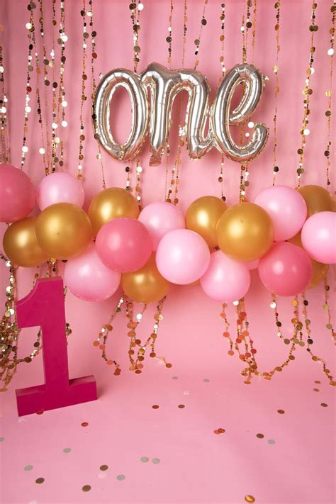 Pink First Birthday Digital Background/backdrop With Balloon Garland in Gold, Light Pink, and ...