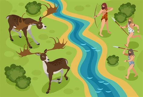 Free Vector | Stone age isometric with hunting deer symbols
