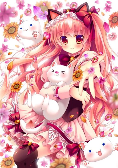 ANIME ART neko. . .cat girl. . .cat ears. . .long hair. . .ribbons. . .collar. . .bells ...