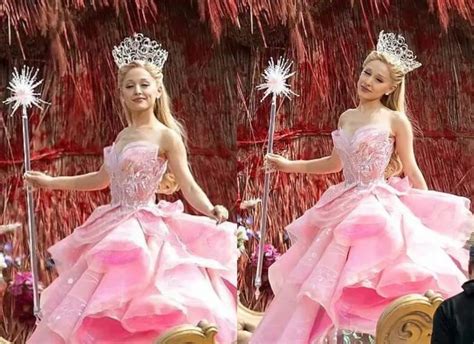 Com o figurino de Glinda, Ariana Grande grava cenas do filme 'Wicked - Primeira Hora