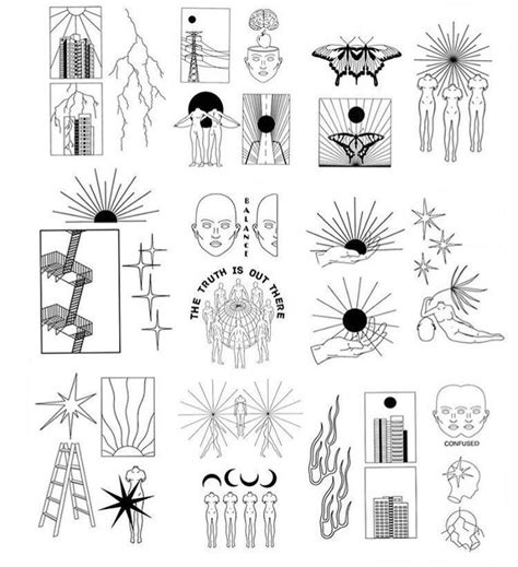 some black and white drawings with different things on them, including ...