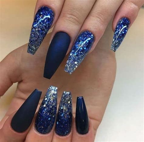 Stiletto Dramatic Navy Blue Nails With Glitter Navy Blue Nail Designs ...