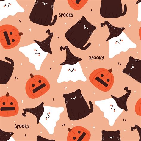 Halloween seamless pattern with cartoon pumpkin, cat, ghost, and ...