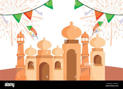 happy independence day india, taj mahal fireworks pennants celebration ...