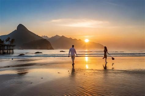 Premium Photo | A couple walking on a beach at sunset